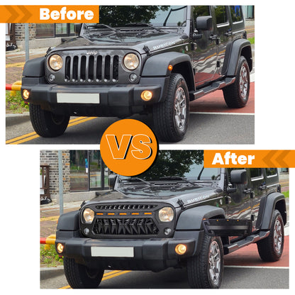 Front Matte Black Shark Grille Replacement Grill For Jeep Wrangler JK 2007-2017 with LED Lights