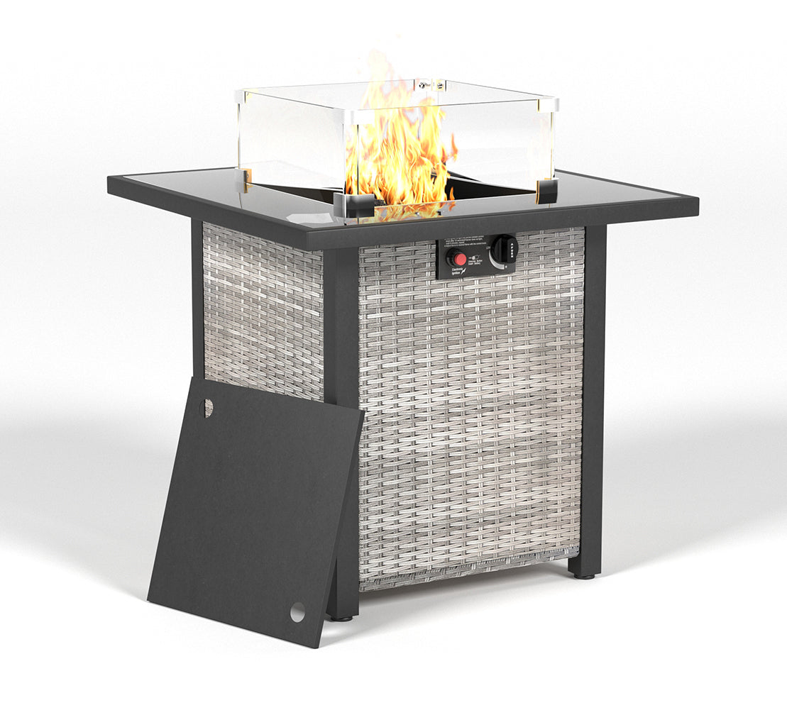 28 Inch Propane Fire Pit Table, Rattan & Wicker-Look, 50000 BTU Gas Firepits Tempered Glass Tabletop with Glass Windscreen Protector for Outside Patio and Garden(Grey+White)