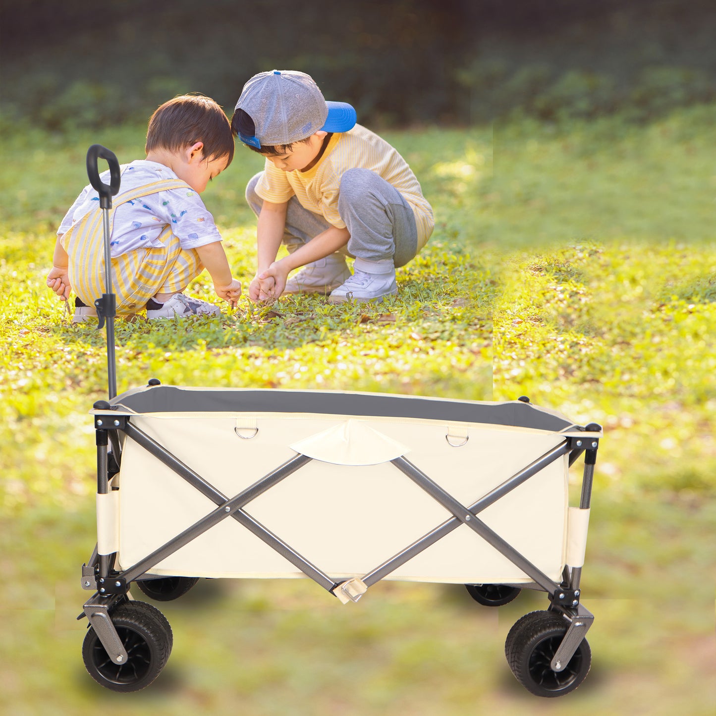 Folding Wagon, Heavy Duty Utility Beach Wagon Cart for Sand with Big Wheels, Adjustable Handle&Drink Holders for Shopping, Camping,Garden and Outdoor