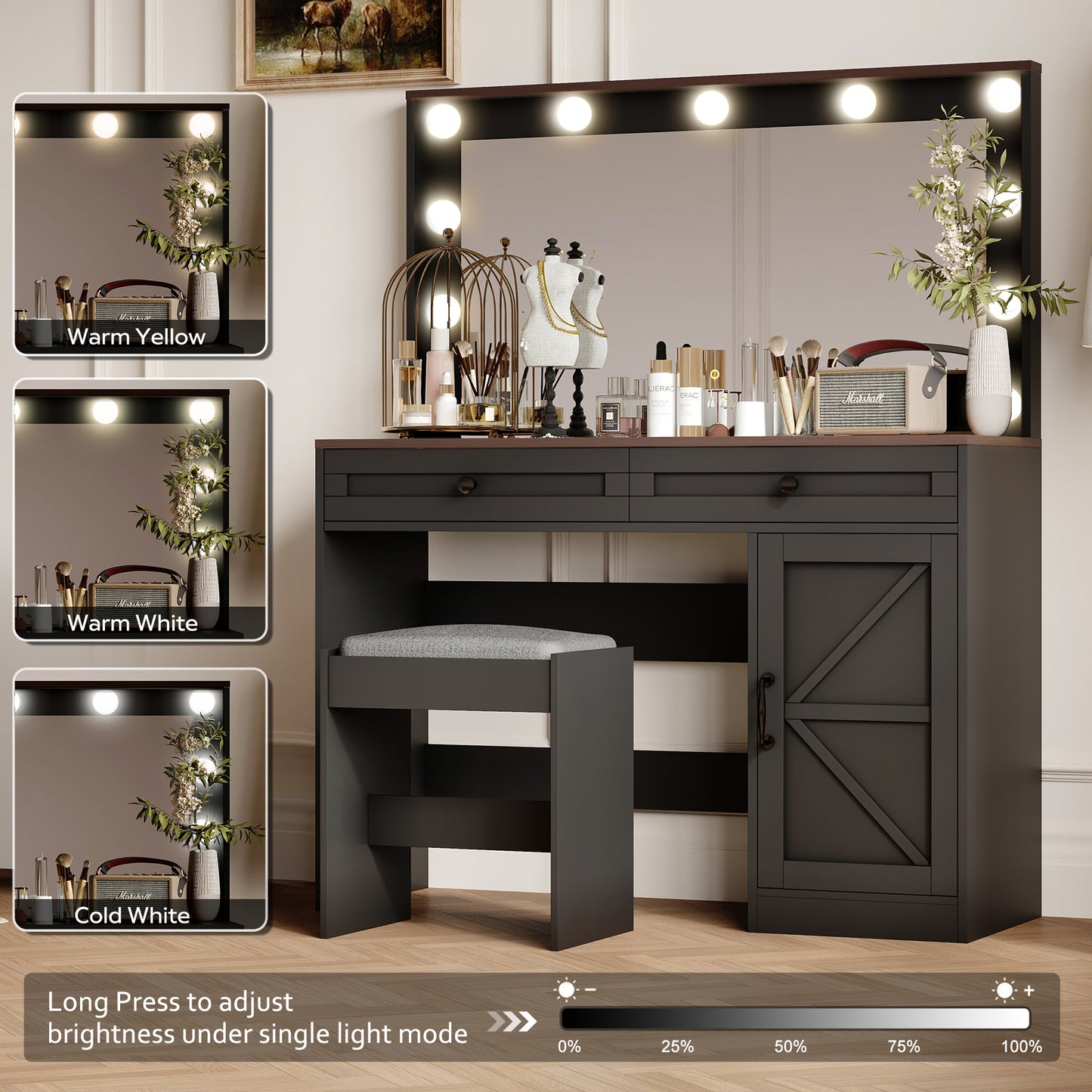 43.4"Makeup Vanity Table, Makeup Table with Large Mirror and 11 LED Light , Brightness Adjustable, Dressing Table Desk with 3 Drawers, Vanity Desk for Women(Black with Stool)