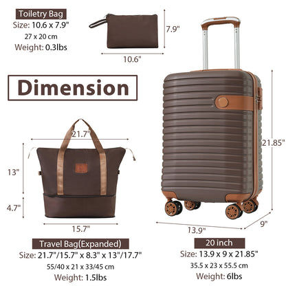 Luggage Sets 3 Piece Carry on Luggage 22x14x9 Airline Approved, Lightweight Hardshell ABS Suitcases with Wheels, 20 inch, Brown