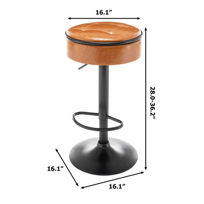 Round Storage Bar Stool Set of 2, Brown Faux Leather Height Adjustable Barstool, 360°Counter Height Swivel Stool, Armless Bar Chair with Metal Frame for Kitchen Counter Dining Living Room