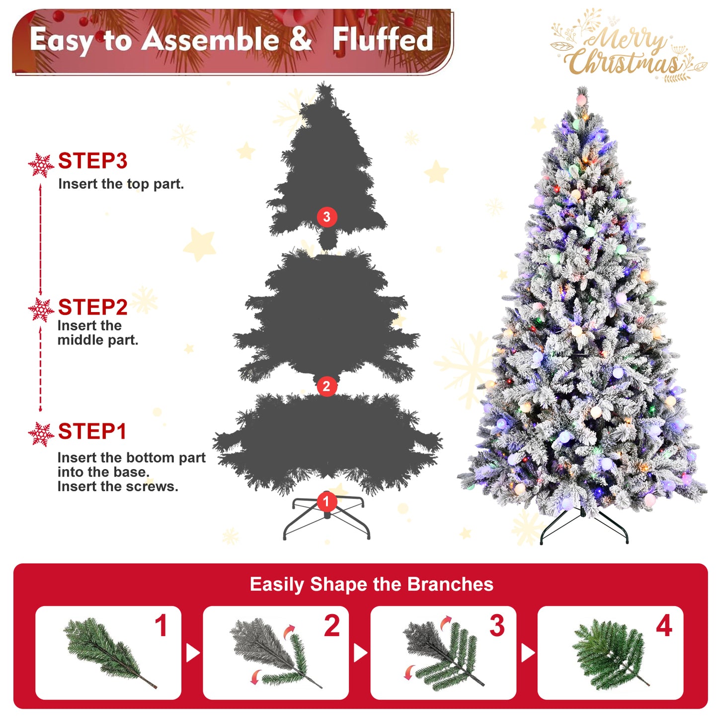 7.5FT PE+PVC  Floceked Christmas Tree with Easy Power & Memory Wire Technology, 400 Dual-Color LEDs With 10 Function, G45 Bulbs, and 1523 Tips , Innovative Holiday Experience!