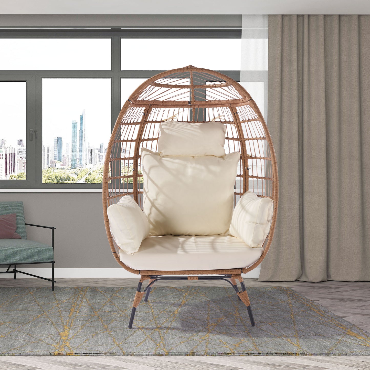 Wicker Egg Chair, Oversized Indoor Outdoor Lounger for Patio, Backyard, Living Room w/ 5 Cushions, Steel Frame, - Beige