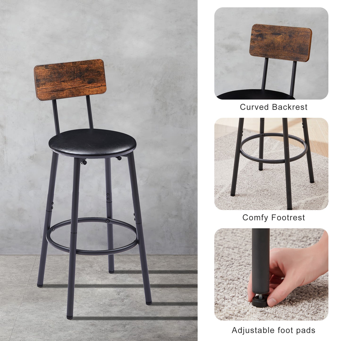 Bar Table Set with 2 Bar stools PU Soft seat with backrest, Rustic Brown, 43.31'' L x 15.75'' W x 35.43'' H.