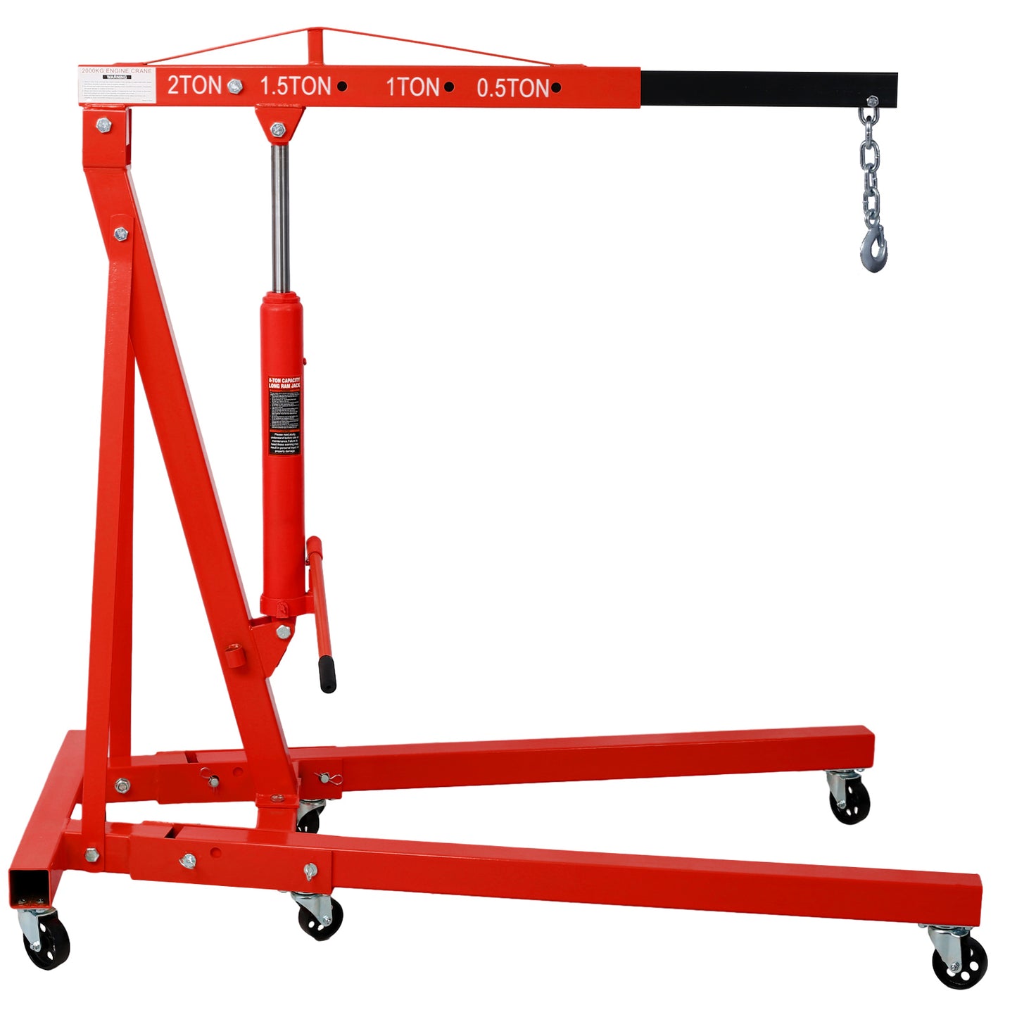 2 Ton Folding Engine Hoist Cherry Picker Shop Crane Hoist Lift, Heavy Duty Steel with 6 Iron Caster Wheels (red)