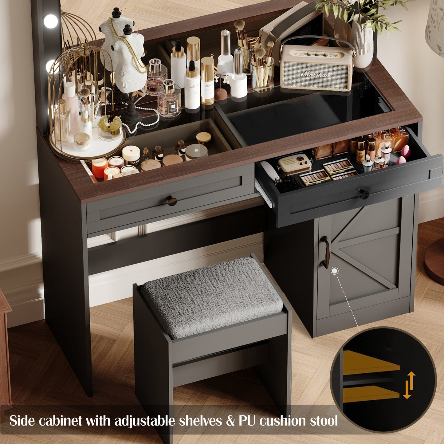 43.4"Makeup Vanity Table, Makeup Table with Large Mirror and 11 LED Light , Brightness Adjustable, Dressing Table Desk with 3 Drawers, Vanity Desk for Women(Black with Stool)