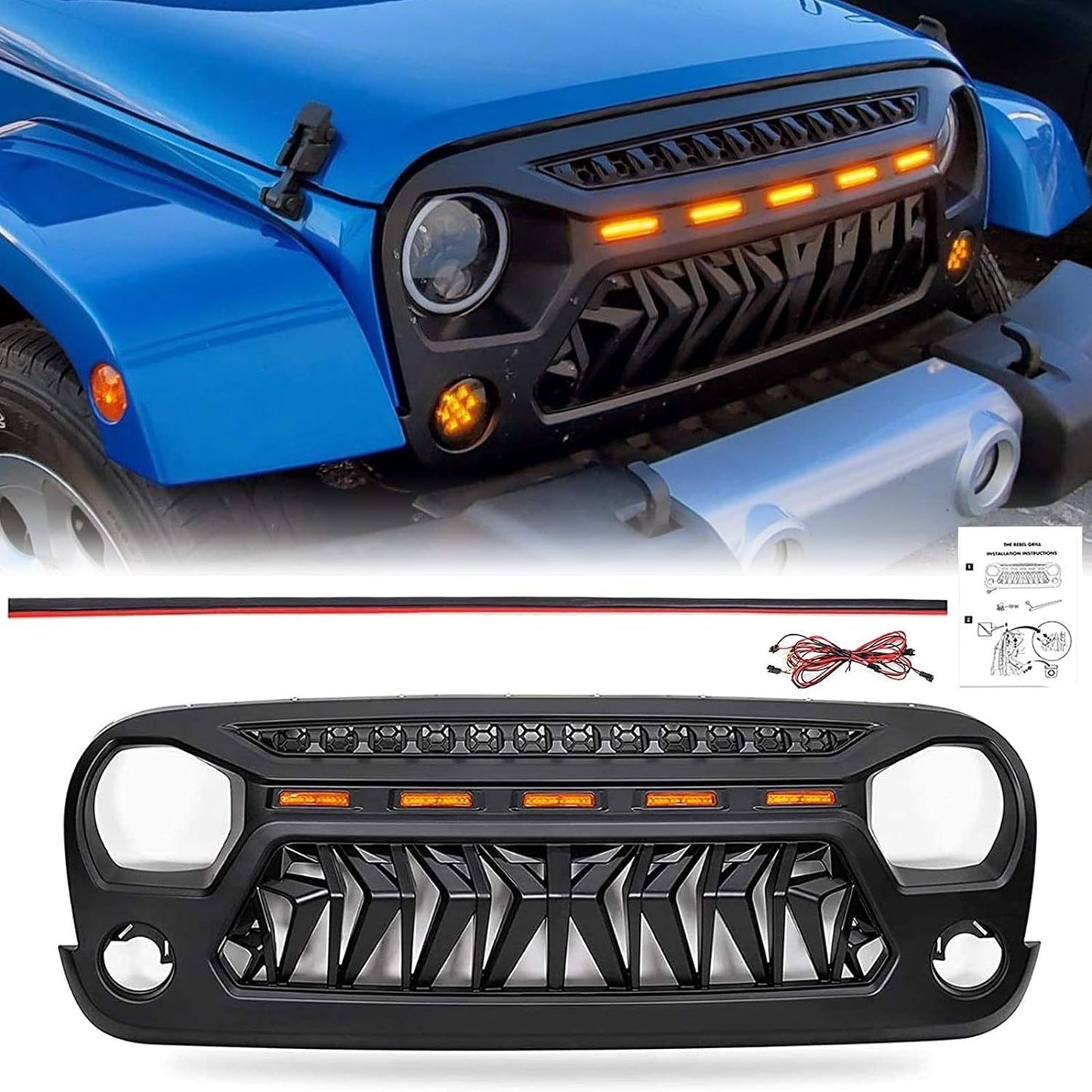 Front Matte Black Shark Grille Replacement Grill For Jeep Wrangler JK 2007-2017 with LED Lights