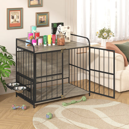 GO 39'' Indoor Metal Dog Crate with Double Doors, Wooden Side End Table Crate, Dog Crate Furniture with Adjustable Feeder Stand, for Medium Dog, Gray