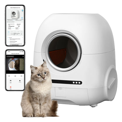 Self-cleaning cat litter box, 68L+9L, suitable for a variety of cat litter, APP control, real-time video, photo and video, safe and reliable, ionic deodorization, with exhaust hose, support WiFi