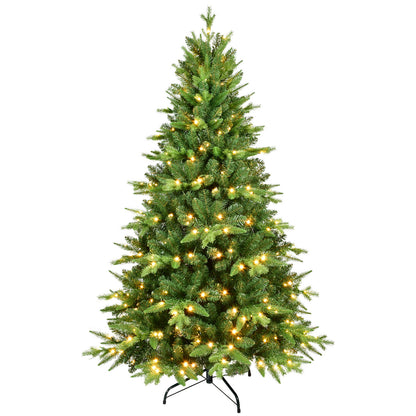 5FT PE And PVC Christmas Tree with Lights, Unique Christmas Tree Prelit with 850 Branch Tips, 250 Warm White LEDs and Metal Stand, Aritificial Christmas Tree