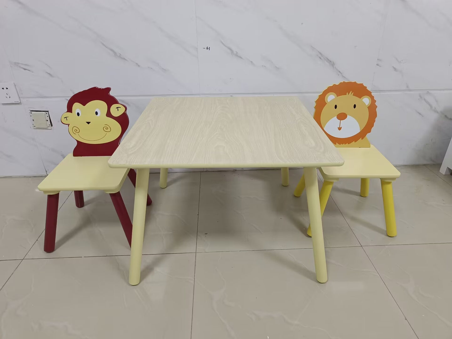 Kids Table and 2 Chairs Set, 3 Pieces Toddler Table and Chair Set, Wooden Activity Play Table Set (Lion&Monkey)