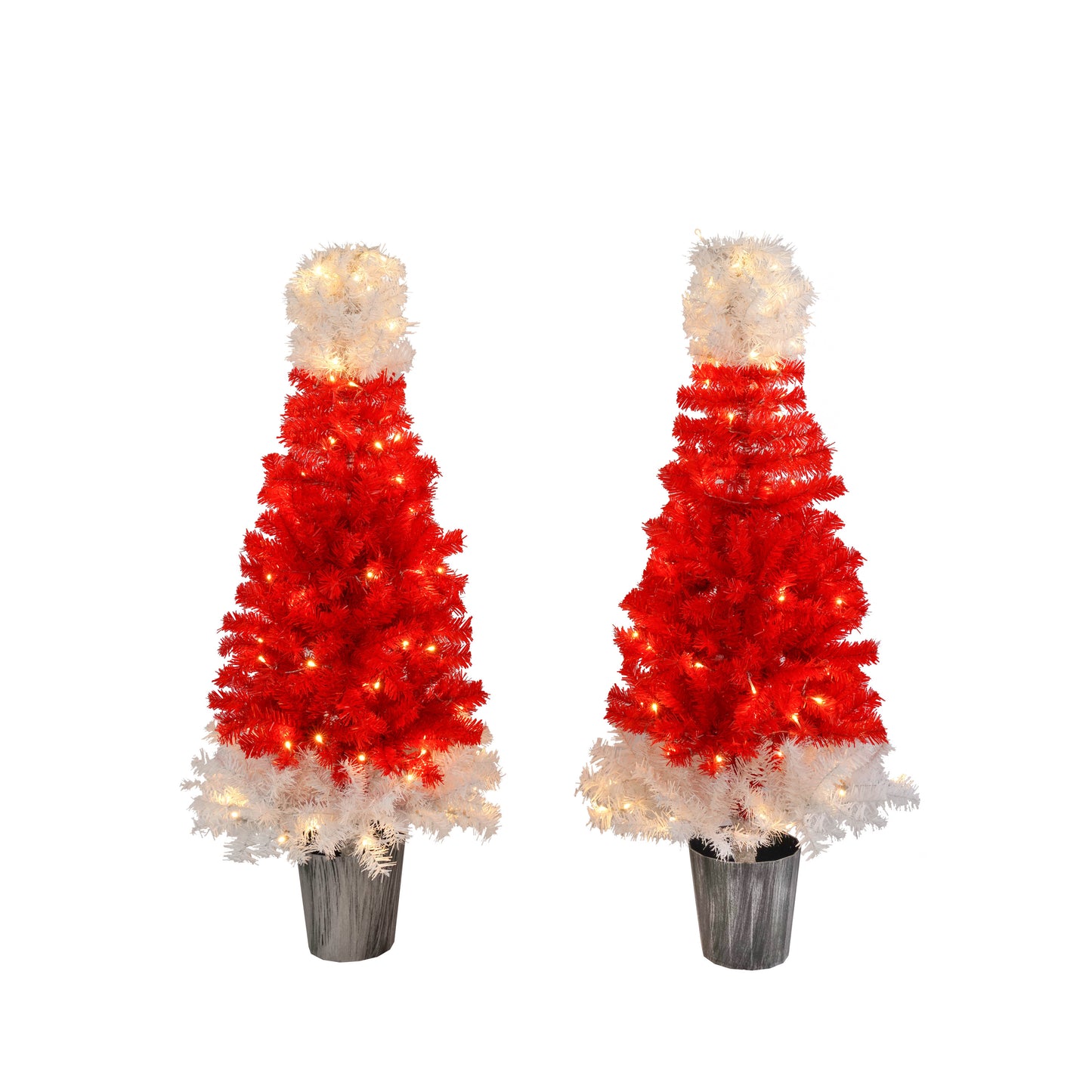 Lighted  Santa Hat Style Christmas Tree Set of 2, 4ft Artificial Tree with Warm White Lights, Christmas Tree for Decoration Inside and Outside