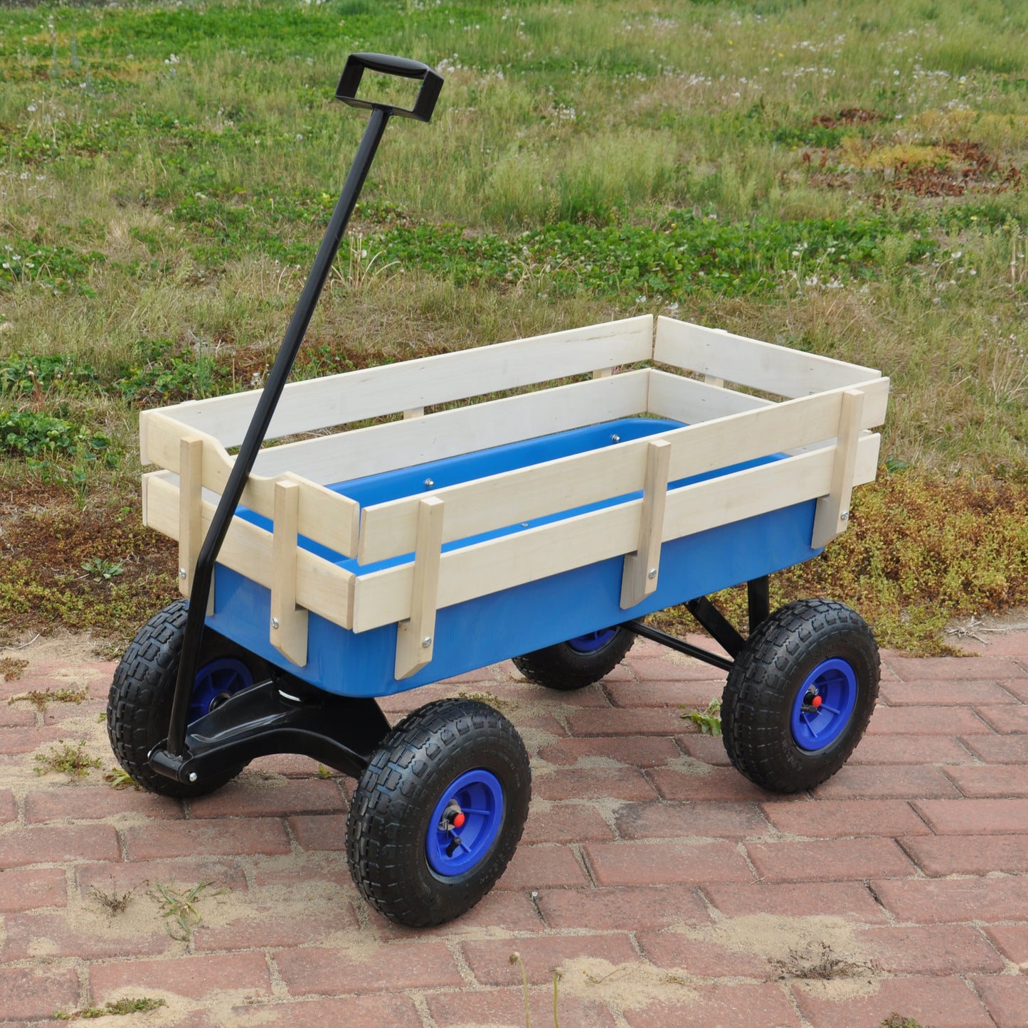 Outdoor Wagon All Terrain Pulling Wood Railing Air Tires Garden Cart