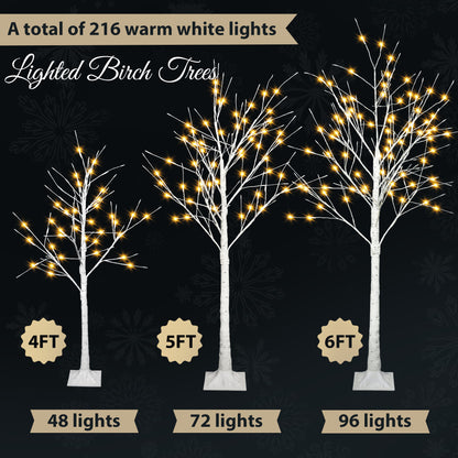 Set of Lighted Birch Tree, 4FT 48 LED/5FT 72 LED/6FT 96 LED Artificial Tree with Warm White Lights, Christmas Tree for Decoration Inside and Outside