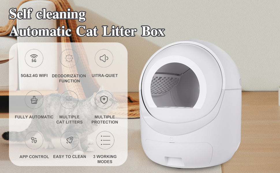 Smart Automatic Cat Litter Box,Automatic Scooping and Odor Removal, App Control, Support 5G&2.4G WiFi for Multiple Cats, Double Odor Removal