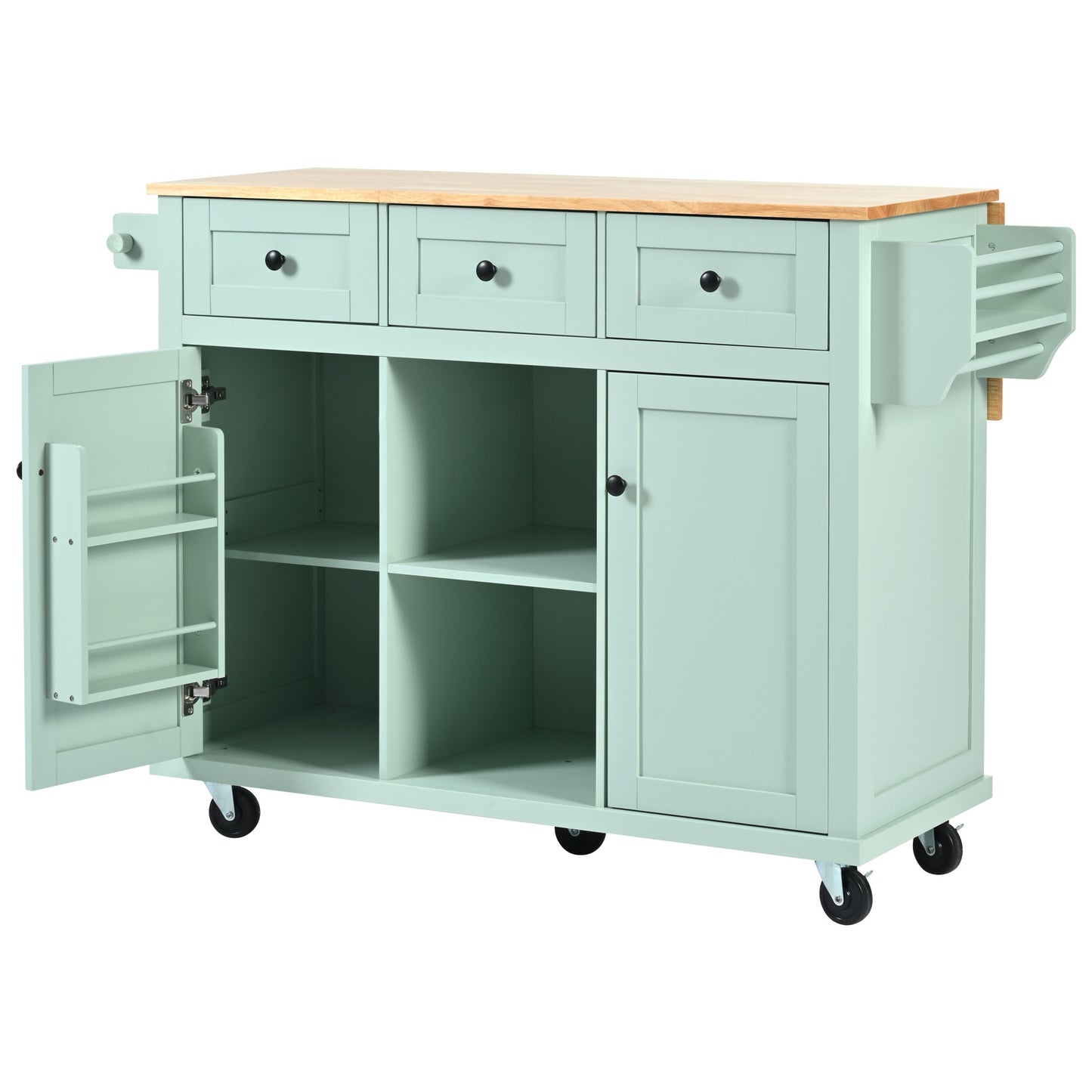 Kitchen Cart with Rubber wood Drop-Leaf Countertop ,Cabinet door internal storage racks,Kitchen Island on 5 Wheels with Storage Cabinet and 3 Drawers for Dinning Room, Mint Green