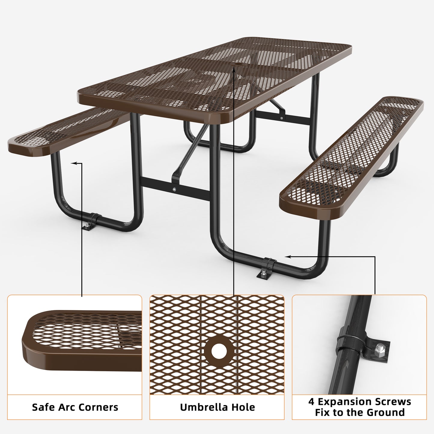 72" Expanded Metal Rectangular Picnic Table, Brown