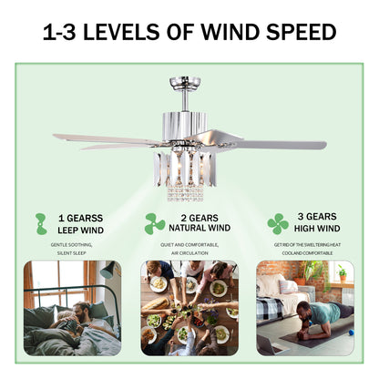 Crystal Ceiling Fan Reversible Blades 3 Wind Speeds Remote Control for Bedroom Living Dining Room --Chrome