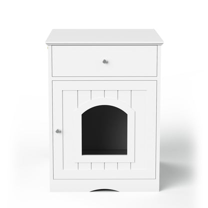 Wooden Pet House Cat Litter Box Enclosure with Drawer, Side Table, Indoor Pet Crate, Cat Home Nightstand (White)