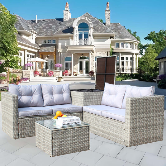 4 Piece Patio Sectional Wicker Rattan Outdoor Furniture Sofa Set with Storage Box Grey