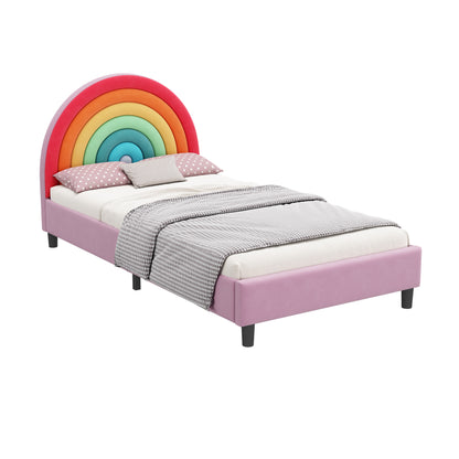 Rainbow Design Upholstered Twin Platform Bed Cute Style Princess Bed for Boys & Girls, Teens, Colorful & Pink