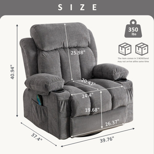 Vanbow.Swinging recliner massage heated sofa, with USB and 2 cup holders in side pockets, Package A and B (gray velvet)