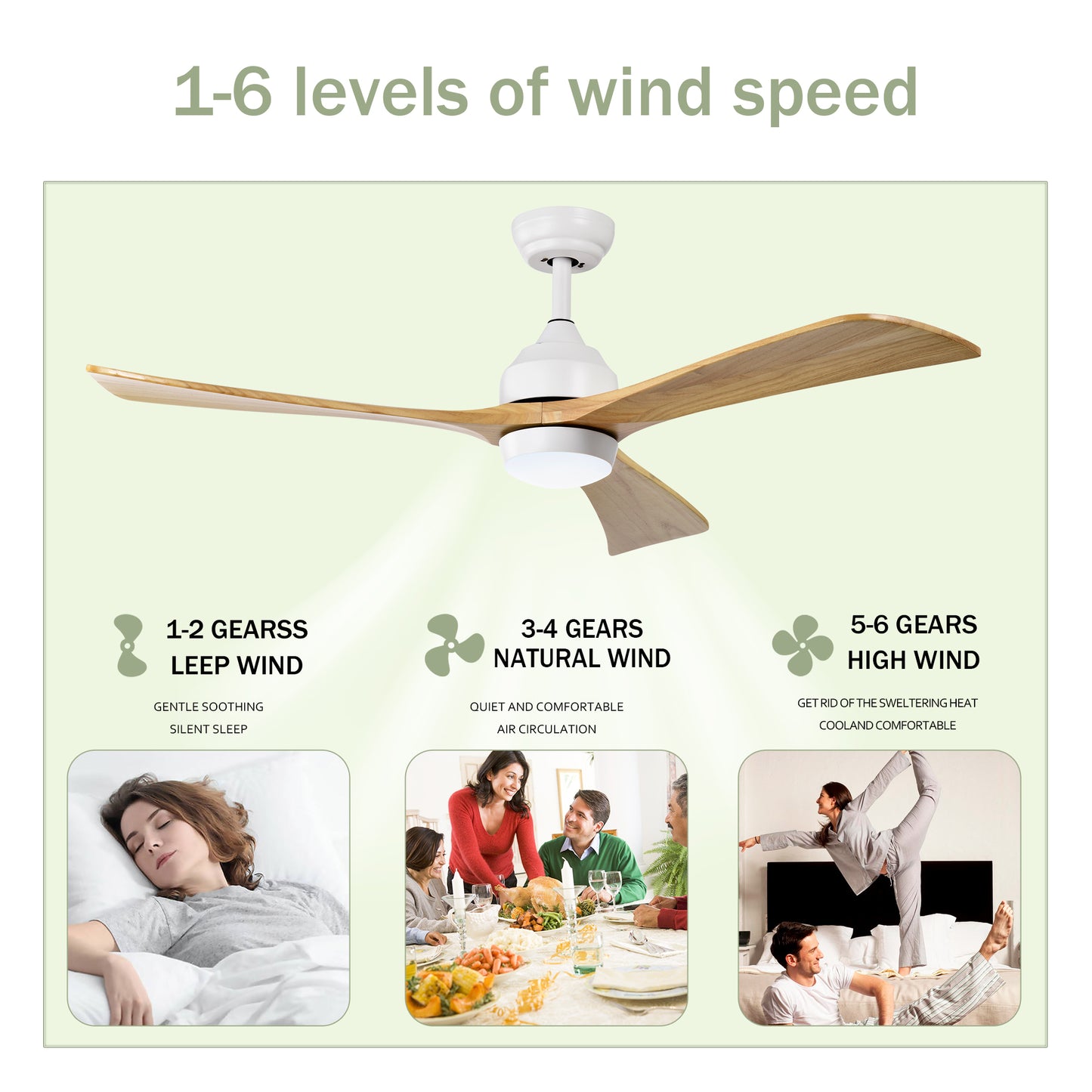 52"  Ceiling Fan with Lights Remote Control,Quiet DC Motor 3 Blade Ceiling Fans 6 Speed Levels,Reversible Ceiling Fan,  for Patio Living Room, Bedroom, Office,Indoor.(White +Natural)