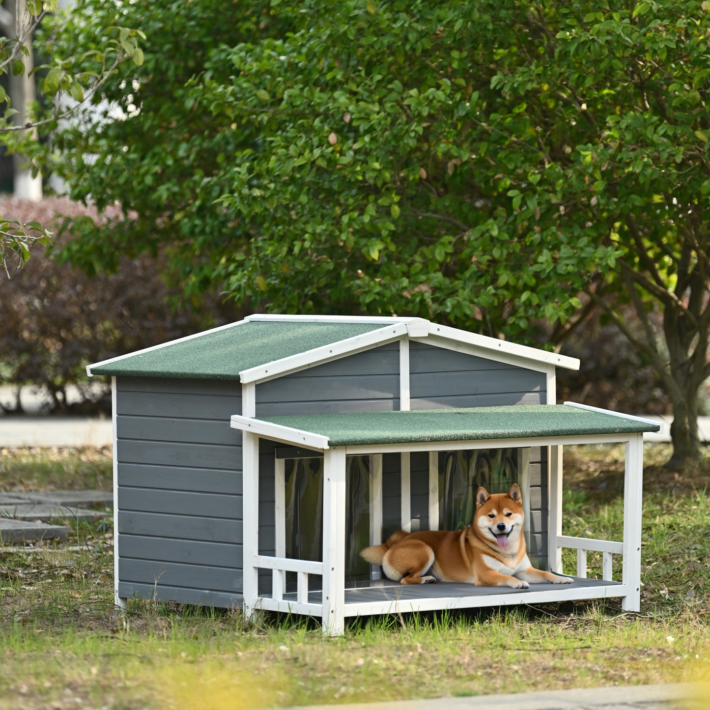 GO 47.2" Large Wooden Dog House Outdoor, Outdoor & Indoor Dog Crate, Cabin Style, With Porch, 2 Doors, Gray And Green