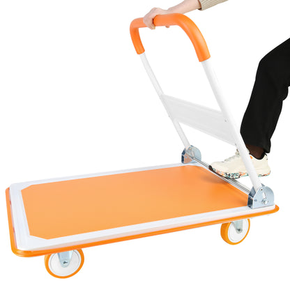 Foldable Push Cart Dolly - 660 Lb. Capacity Heavy Duty Moving Platform Hand Truck - Folding & Rolling White & Orange Flatbed Carts