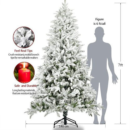 Snow Flocked Christmas Tree 7ft Artificial Hinged Pine Tree with White Realistic Tips Unlit