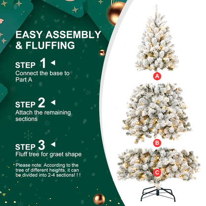 6FT Pre-lit Flocked Christmas Tree with 760 Memory Wire Tips – Effortlessly Fluffed, Perfectly Shaped, and Lit with 300 Warm  Incandescent Lights Bringing Lasting Elegance and Wase to Your Holiday