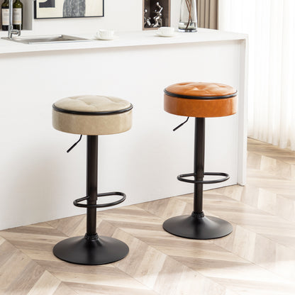 Round Storage Bar Stool Set of 2, Brown Faux Leather Height Adjustable Barstool, 360°Counter Height Swivel Stool, Armless Bar Chair with Metal Frame for Kitchen Counter Dining Living Room