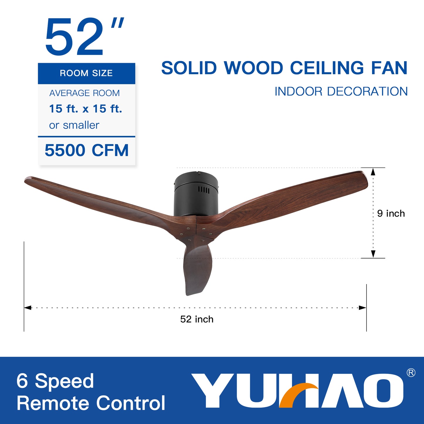 52" YUHAO Farmhouse Rustic Ceiling Fan without Light - Matte Black with Solid Wood Blade