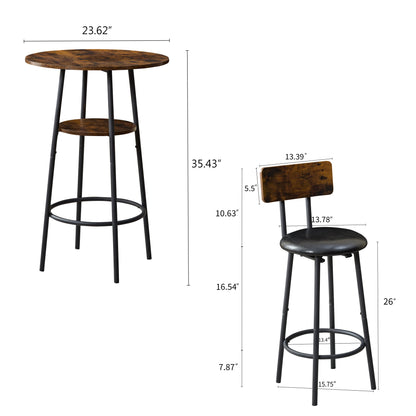 Three-piece round dining table, two-level small dining table with storage, bar table, two upholstered bar chairs with backrest, suitable for restaurants, cafes, bars.