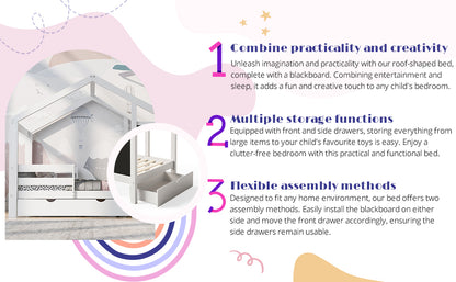 Twin House Bed with Blackboard and Drawers, Two assembly options, White