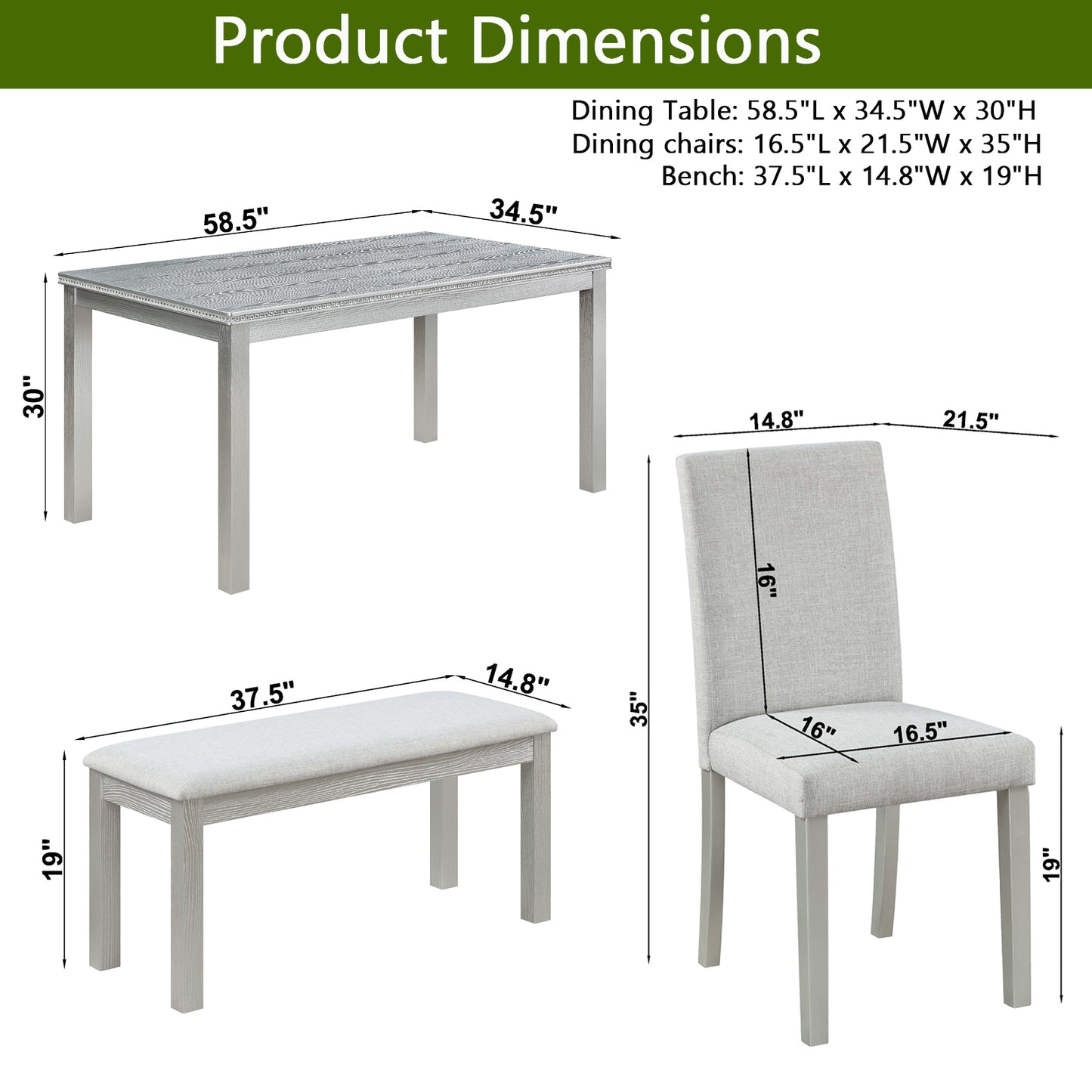 Wooden Dining Rectangular Table with Bench, Kitchen Table with Bench for Small Space, 6 Person Dining Table, Silver grey