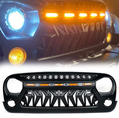 Front Matte Black Shark Grille Replacement Grill For Jeep Wrangler JK 2007-2017 with LED Lights