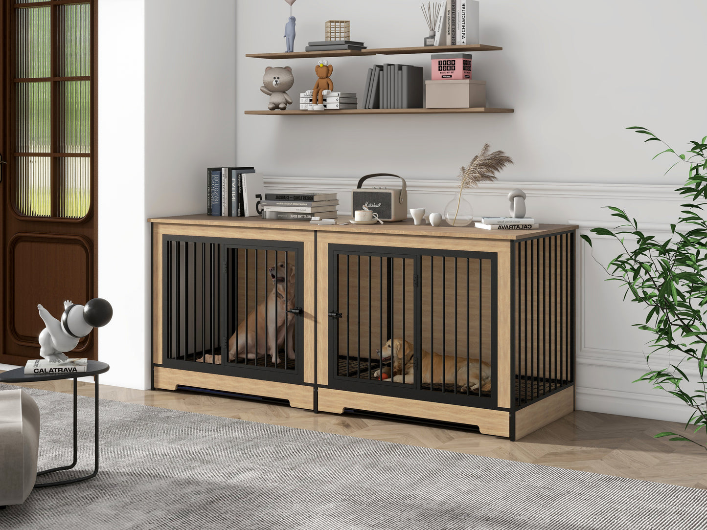 Dog Crate Furniture with Two Combined Room, XL Large Double Dog Cage Furniture with Tray for Medium Large Dogs, Wooden Dog Kennel Furniture