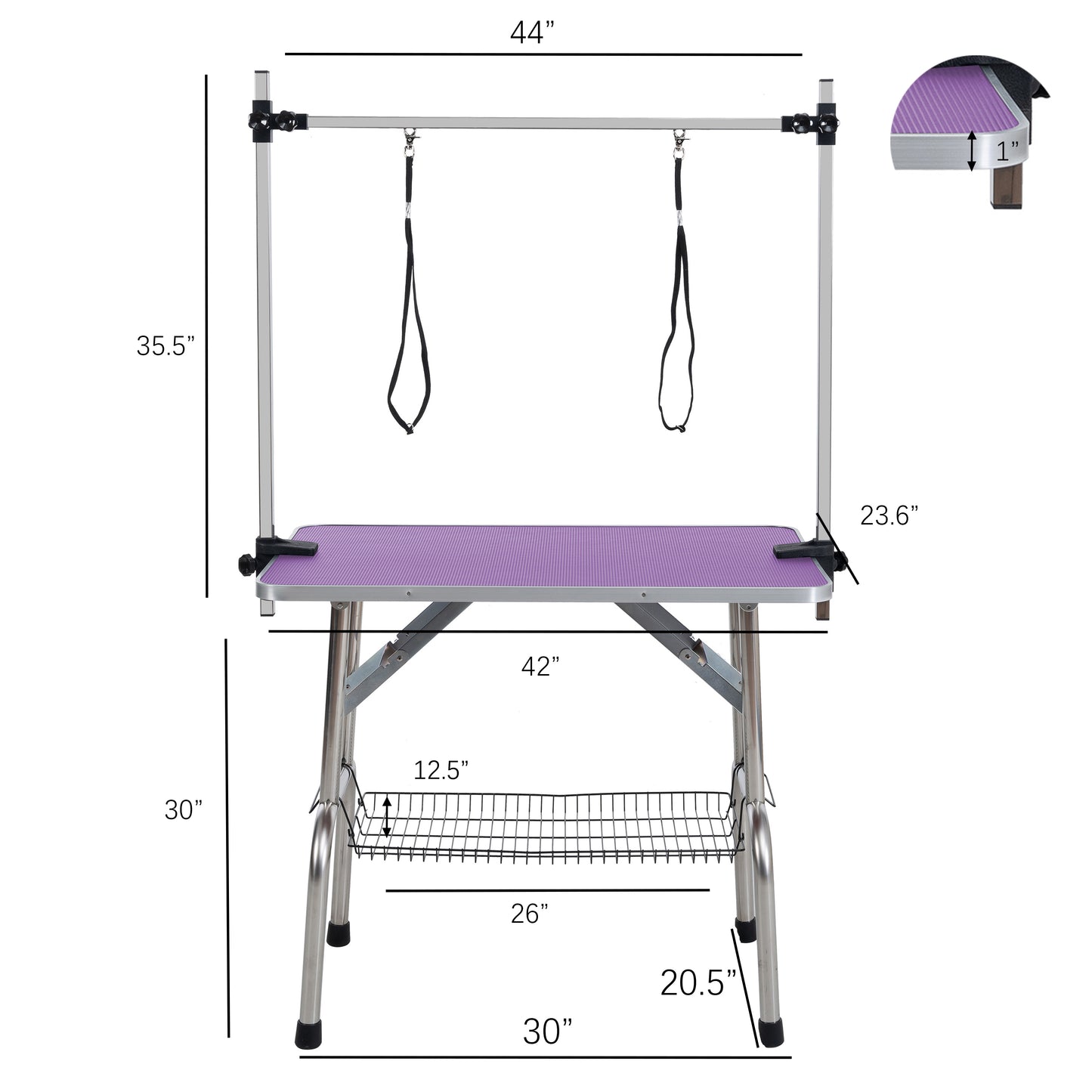 42" Folding Dog Pet Grooming Table Stainless Steel Frame Rubber Mat on Board with Adjustable Arm and Clamps pet dog Cat Grooming Table (PURPLE COLOR)