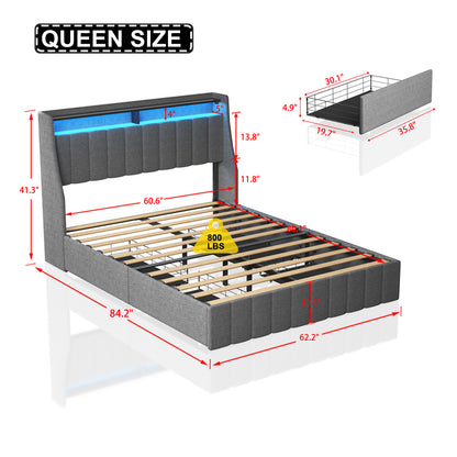 Queen Size Bed Frame with LED, 4 Under-bed Portable Storage Drawers, Wings Headboard Design, Light Grey