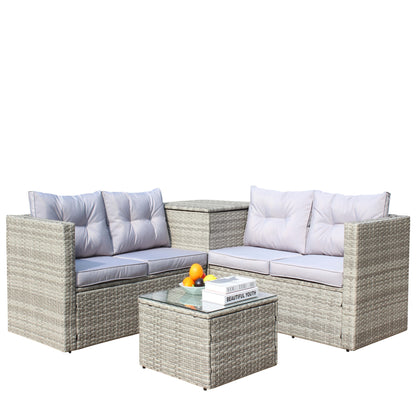 4 Piece Patio Sectional Wicker Rattan Outdoor Furniture Sofa Set with Storage Box Grey