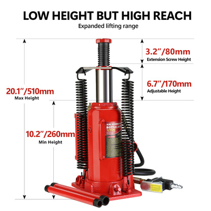 Air Hydraulic Bottle Jack, 12 Ton All Welded Bottle Jack, 10.2-20.1 inch Lifting Range, with 2-Section Long Handle, for Car, Pickup Truck, Truck, RV, Auto Repair, Industrial Engineering