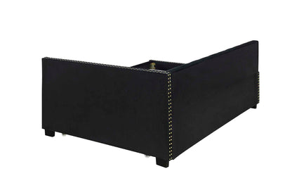 BLACK UPHOLSTERED TWIN SIZE DAYBED BED FRAME (CORNER BED) WITH TRUNDLE, VELVET FABRIC, STUDDING DESIGN, NO BOX SPRING REQUIRED, FITS ANY STYLE!