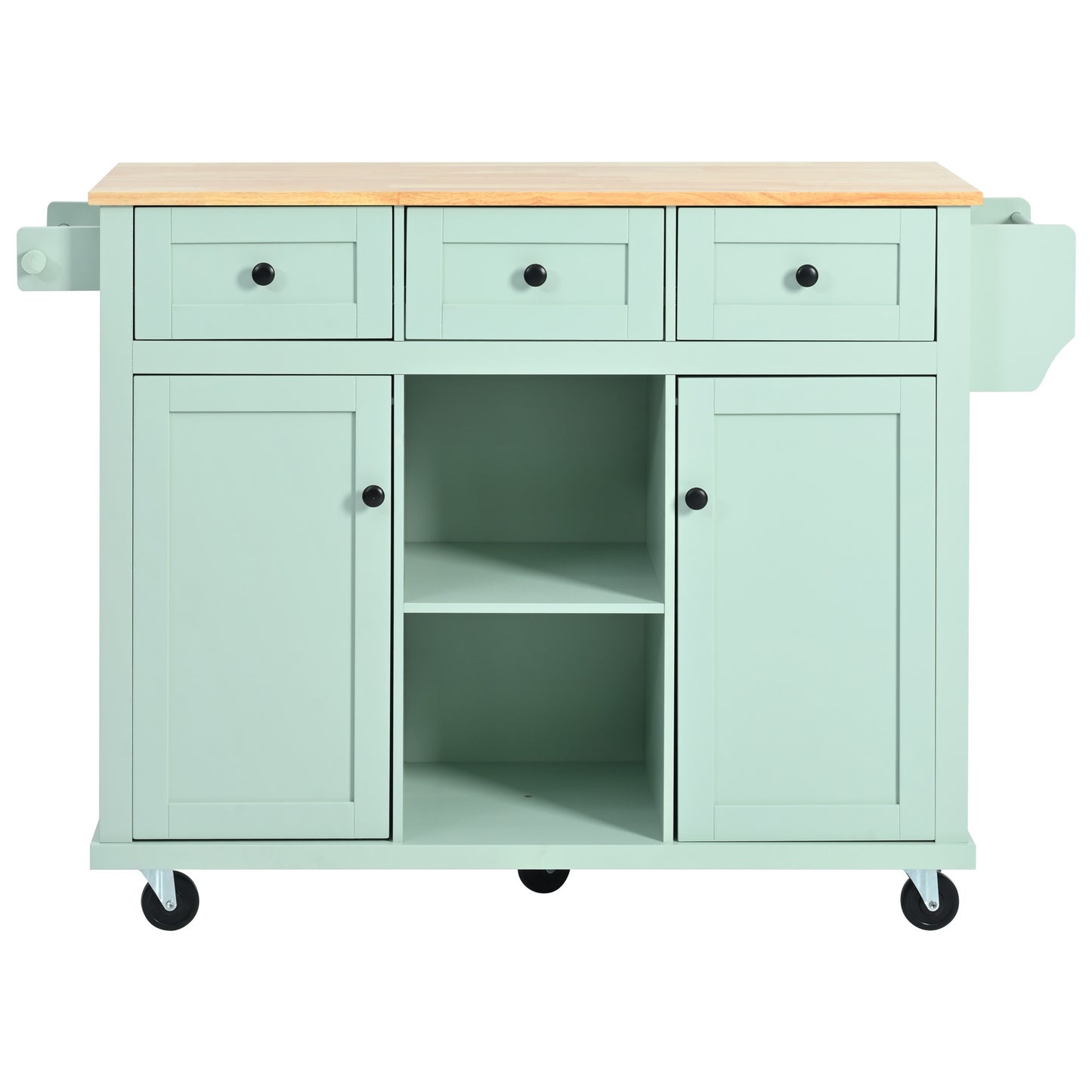 Kitchen Cart with Rubber wood Drop-Leaf Countertop ,Cabinet door internal storage racks,Kitchen Island on 5 Wheels with Storage Cabinet and 3 Drawers for Dinning Room, Mint Green