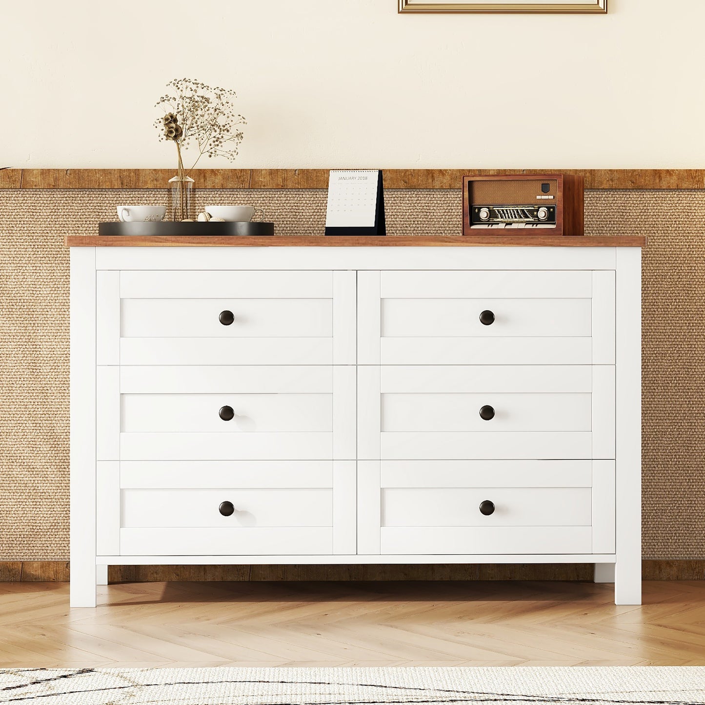 Retro Farmhouse Style Wooden Dresser with 6 Drawer, Storage Cabinet for Bedroom, White+Brown