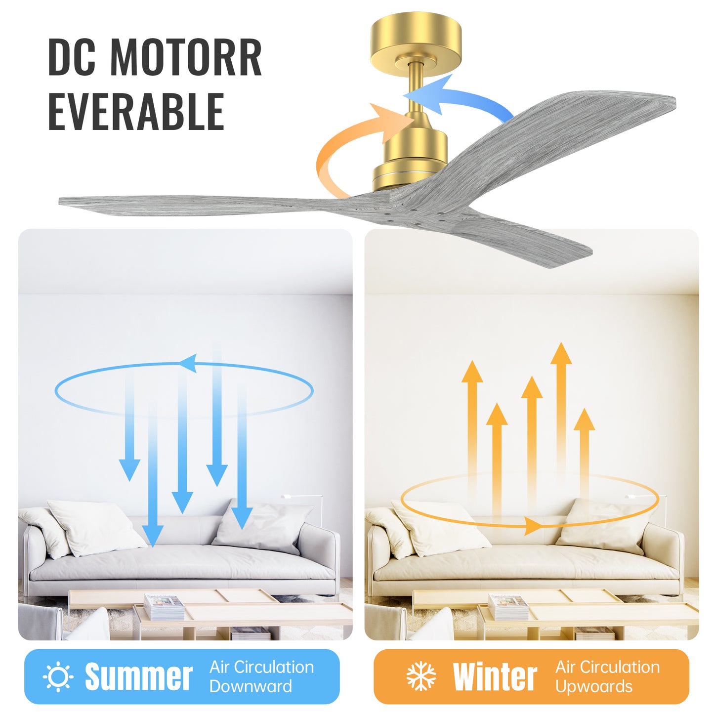 52 Inch Indoor Ceiling Fan Without Light 3 Solid Wood Blades Remote Control Reversible DC Motor