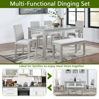 Wooden Dining Rectangular Table with Bench, Kitchen Table with Bench for Small Space, 6 Person Dining Table, Silver grey