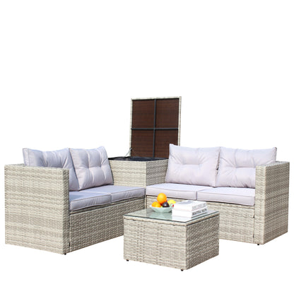 4 Piece Patio Sectional Wicker Rattan Outdoor Furniture Sofa Set with Storage Box Grey