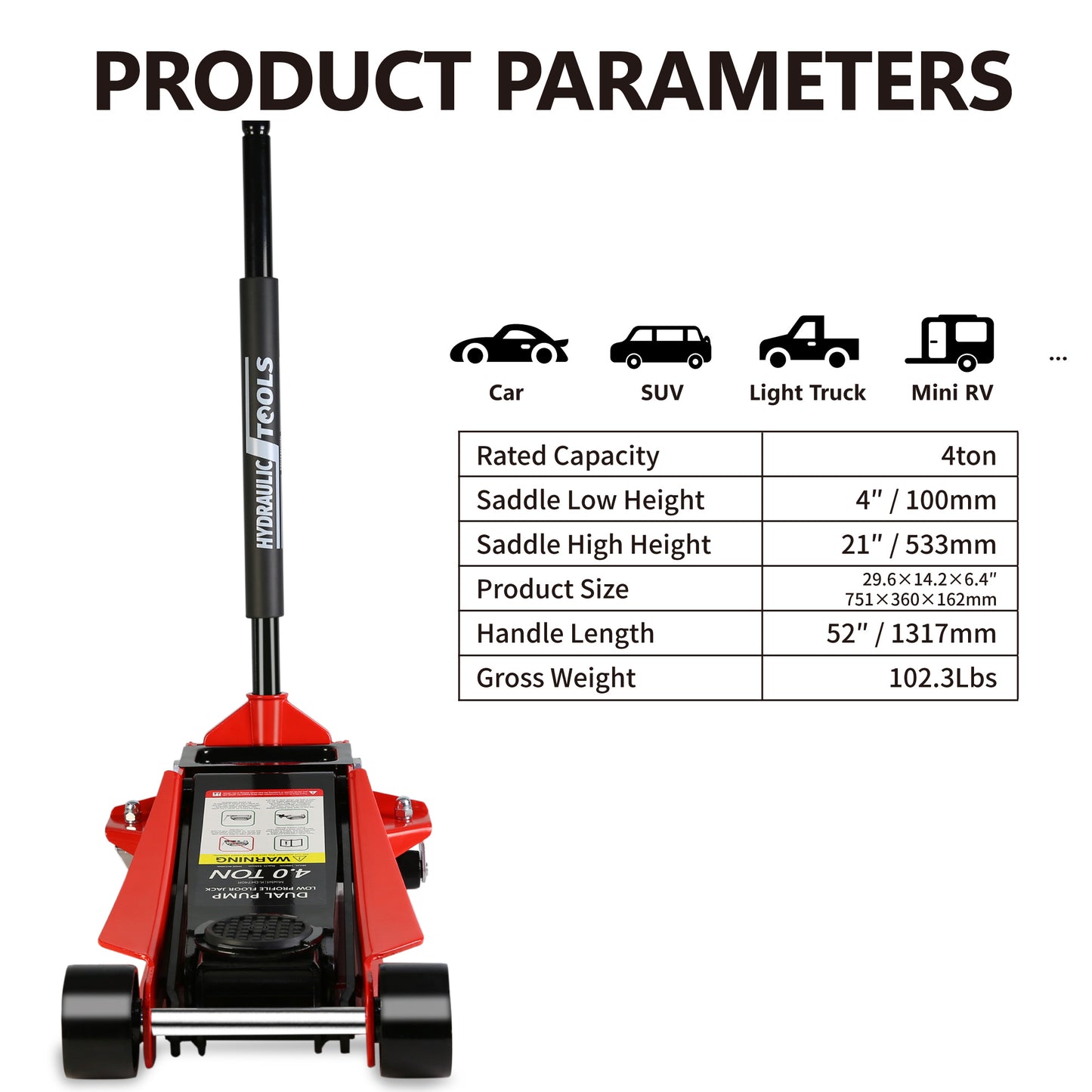 Floor Jack, 4 Ton Low Profile Floor Jack, Heavy-Duty Steel Racing Floor Jack with dual  Piston Quick Lift Pump, Floor Jack Lifting Range 4"-21"